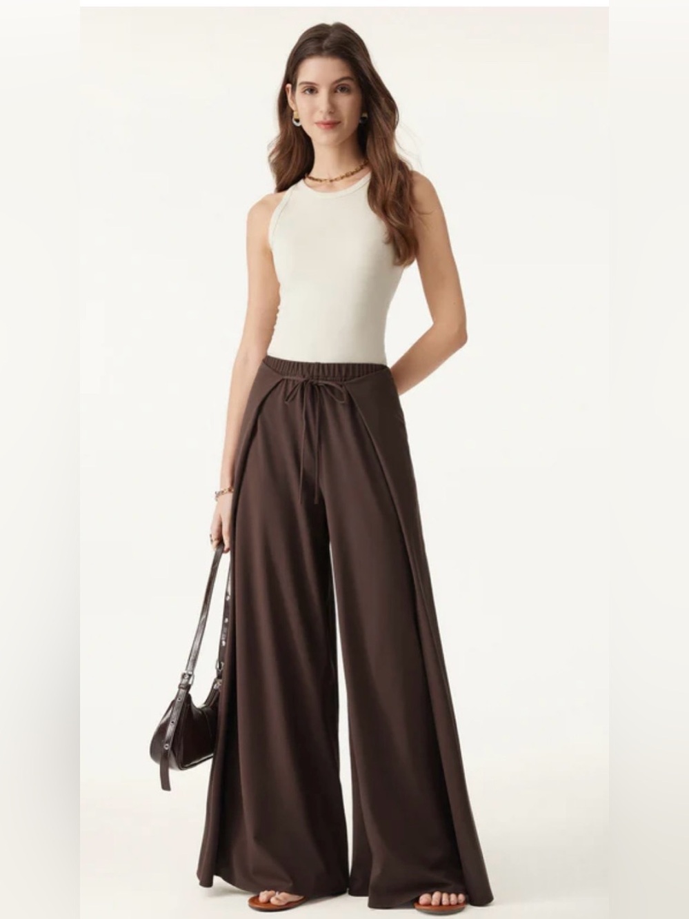 OGL Ponte-De-Roma Bamboo Ponte Wrap-tie Palazzo Pants with Pockets Walnut